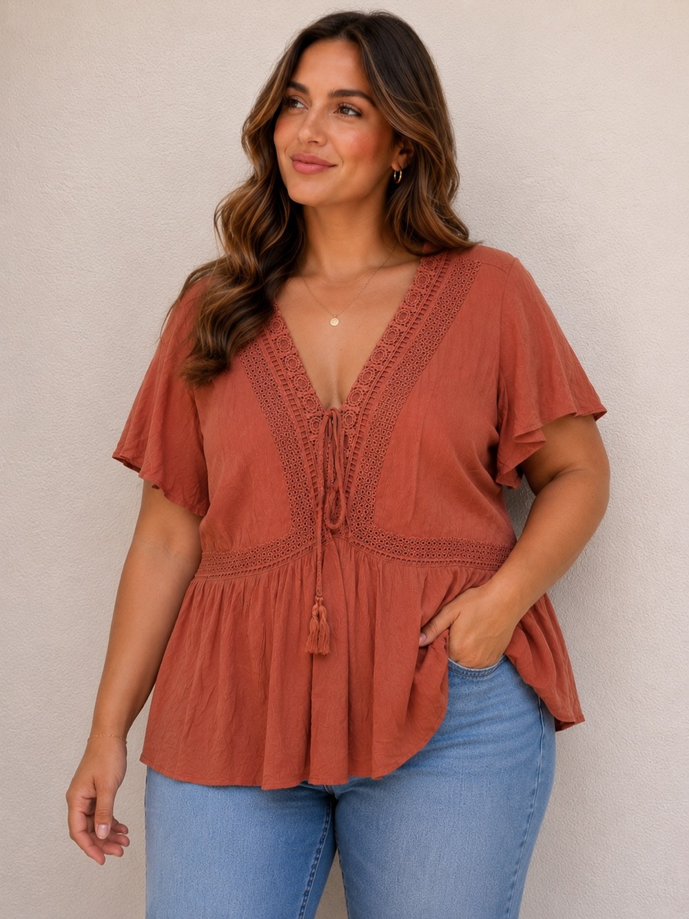 Torrid Women's Tie-Front‎ Boho Tunic Top in Rust